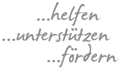 Text auf weißem Hintergrund: "helfen", "unterstützen", "fordern" in klarer, lesbarer Schrift.